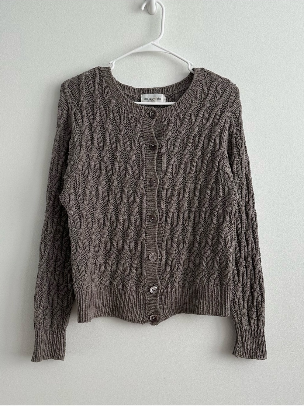 Vintage JH Collectibles Silk Cotton Taupe Cable Knit Crew Neck Cardigan